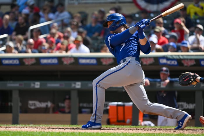 May 28, 2022; Minneapolis, Minnesota, USA; Kansas City Royals shortstop Bobby Witt (7) hits his third double of the game against the Minnesota Twins during the seventh inning at Target Field. Mandatory Credit: Nick Wosika-USA TODAY Sports